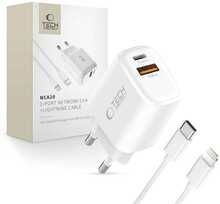 Laadija Tech-Protect NCA20, PD 20W, QC3.0, koos USB-C/Lightning kaabliga, 100 cm, valge