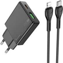 Telefoni laadija Hoco Slim USB A + USB C QC3.0 PD 3A 20W + kaabel USB C - Lightning N38, must