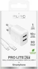 Seinalaadija Puro PROLITE 10W, 2x USB-A + USB-A-USB-C kaabel, 1,2 m, valge