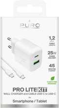 Seinalaadija Puro PROLITE 25W USB-C kaabliga, 1,2 m, valge