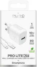 Laadija Puro PROLITE 10W koos USB-A/USB-C kaabliga, 1,2 m, valge