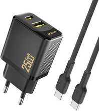Laadija USB-A/USB-C Dudao A26TCEU PD QC 25W GaN, must, USB-C kaabliga