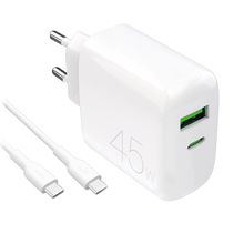 Laadija USB-C USB-A Puro Daily Prolite 45W koos USB-C kaabliga, valge