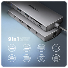 USB-C jagaja AXAGON HMC-8HLSA, 3x USB-A, 4K/30Hz HDMI, SD/microSD, GLAN, PD 100W, 20 cm