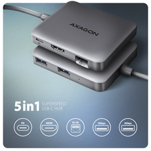 USB-C jagaja Axagon HMC-5HL, 5Gbps, 2x USB-A, HDMI 4K/60Hz, RJ-45, PD 100W, hõbe