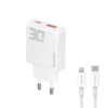 Laadija Dudao A30EUL 30W USB-A / USB-C koos USB-C - Lightning kaabliga, valge