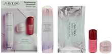 Komplekt Shiseido Brightening Essentials: pigmentatsiooni korrigeeriv seerum 50 ml, niisutav seerum mini 10 ml, niisutav geelkreem näole ja kaelale 15 ml