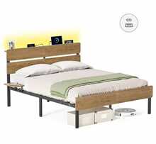 Voodiraam Vasagle, 140 x 200 x 100,3 cm, metall, LED valgustusega, naturaalne pruun