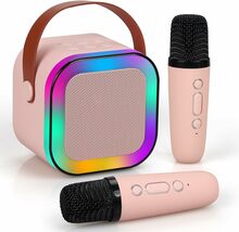 Karaoke kõlar Extralink Kids Mini, roosa, 2 mikrofoniga, Bluetooth, AUX, mälukaardi pesaga, RGB valgustusega