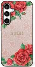 Telefoniümbris Guess Leather 4G Flowers Print Metal Classic Logo MagSafe, Samsung Galaxy S25, roosa