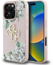 Guess PU Grained Roses 4G Metal Logo ümbris, Apple iPhone 16 Pro, roosa