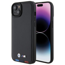 BMW Leather Stamp Tricolor BMHCP15M22PTDK ümbris, Apple iPhone 15 Plus, must
