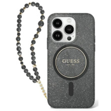 Telefoniümbris Guess GUHMP16XHGCRELSK IML Glitter With Pearl Strap MagSafe, Apple iPhone 16 Pro Max, must