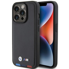 BMW Leather Stamp Tricolor BMHCP15L22PTDK ümbris, Apple iPhone 15 Pro 6.1, must