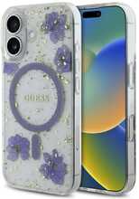 Telefoniümbris Guess Resin Flowers Glitter MagSafe, Apple iPhone 16, lilla