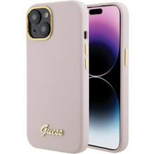 Telefoniümbris Guess Silicone Script Metal Logo & Frame GUHCP15SSMBSLP, Apple iPhone 15, roosa