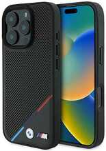 BMW M Perforated Tricolor Line MagSafe ümbris, Apple iPhone 16 Pro, must