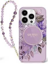 Telefoniümbris Guess IML Flowers With Pearl Strap MagSafe, Apple iPhone 16 Pro Max, lilla