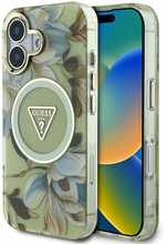 Telefoniümbris Guess Glitter Flowers Triangle Buttons MagSafe, Apple iPhone 16, roheline