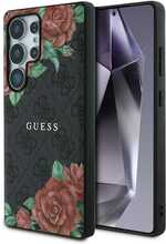 Telefoniümbris Guess Leather 4G Flowers Print Metal Classic Logo MagSafe, Samsung Galaxy S25 Ultra, must