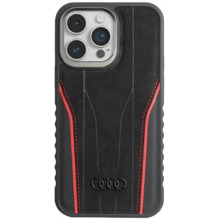 Telefoniümbris Audi Genuine Leather MagSafe AU-TPUPCMIP15P-R8/D3-RD, Apple iPhone 15 Pro, must/punane