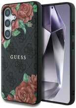 Telefoniümbris Guess Leather 4G Flowers Print Metal Classic Logo MagSafe, Samsung Galaxy S25, must