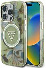 Telefoniümbris Guess Glitter Flowers Triangle Buttons MagSafe, Apple iPhone 16 Pro Max, roheline