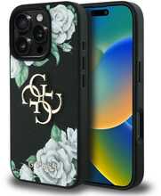 Telefoniümbris Guess Grained Roses 4G Metal Logo, Apple iPhone 16 Pro, must