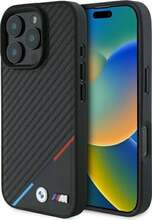 Telefoniümbris BMW M PU Carbon Tricolor Stripe MagSafe, Apple iPhone 16 Pro Max, must