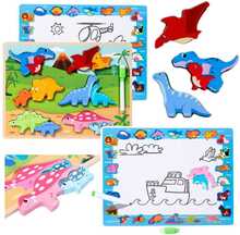 Puidust hariv pusle Lean Toys dinosaurustega ja joonistustahvliga, 30 x 22.5 cm