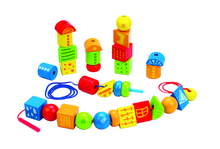 Puidust lükitavad klotsid Hape String Along Shapes E1019, vikerkaarevärvides