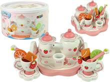 Puidust teekomplekt Lean Toys, roosa, lillede ja kandikuga