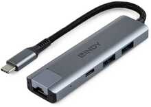 USB jagaja Lindy USB 3.2 Gen 2 Type C Hub, 3 porti, Gigabit Ethernet