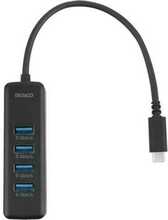 USB-C jagaja Deltaco USBC-HUB202, 4x USB-A, slim, must