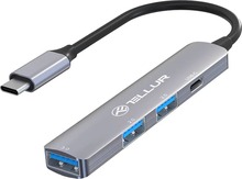 USB jagaja Tellur 4in1 USB-C 3.1 Hub, alumiinium, hall
