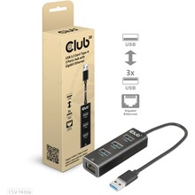USB jagaja Club3D CSV-1430A, USB 3.2 Gen1 Type-A, 3 porti Gigabit Ethernetiga, must