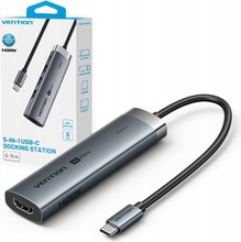 USB jagaja Vention TGMHB 5-in-1 USB-C, 100W PD, 5Gbps, 4K60Hz, hõbedane