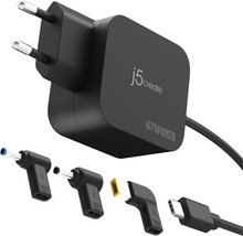 Sülearvuti laadija J5Create JUP1565DCE3A-EN, 67W, GaN, USB-C, 3 tüüpi DC pistikutega