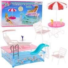Nukukomplekt Lean Toys Summer Resort basseiniga, liumäe, lamamistoolide ja päikesevarjuga