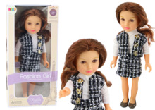Nukk Lean Toys, elegantsete ruuduliste riietega ja pruunide juustega
