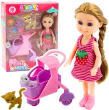 Mini nukk Lean Toys tarvikutega, 14 cm, roosa, kassipoja vanker