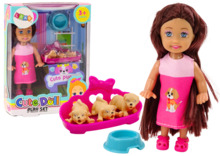 Nukukomplekt Lean Toys, Mini nukk pikkade juustega ja kolm koera, voodiga