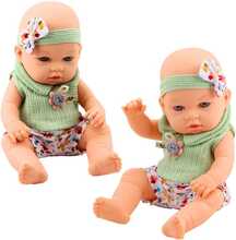 Beebinukk Lean Toys Baby Doll, 29 cm, roheline lilleline kleit peapaela ja lipsuga