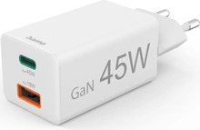 Seinalaadija Hama 00201993 Mini GaN, 45 W, USB-C + USB-A, valge