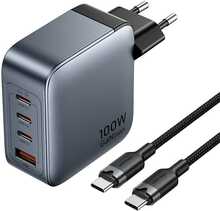 Laadija Vention 3x USB-C, 1x USB-A, 100W/100W/30W/30W, hall, USB-C-USB-C kaabel 1 m, must