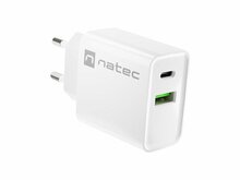 Laadija NATEC Ribera USB-A+USB-C 20W, valge