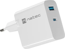 Toiteadapter Natec Ribera 1x USB-A + 1x USB-C 65W, valge
