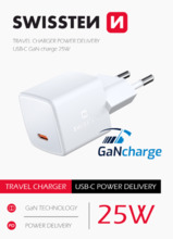 Laadija Swissten GaN Mini Travel Charger, USB-C, 25 W, valge