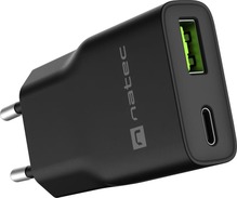 Seinalaadija Natec Ribera Gan Slim 20W, USB-A + USB-C, must, NUC-2377