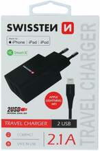 Laadija Swissten Smart IC Travel, 2xUSB, 2.1A, 120 cm, must